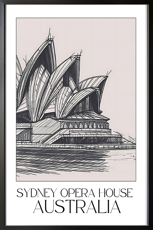 Sydney Opera House Sketch Poster in a black frame