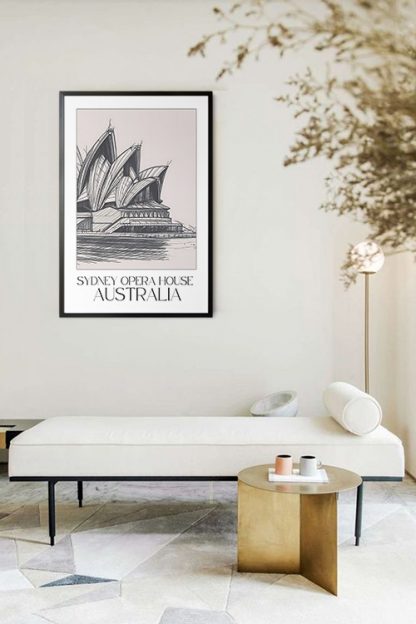 Sydney Opera House Sketch Poster in a black frame inside the massage area