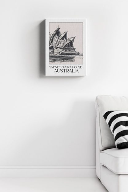 Sydney Opera House Sketch canvas in a living room with a white sofa