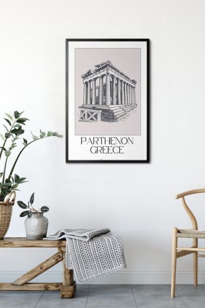 Parthenon Greece Sketch Poster in black frame in the patio with plants and chairs