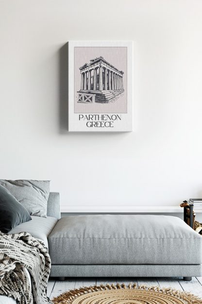 Parthenon Greece Sketch Canvas in a living room with a bed and carpet