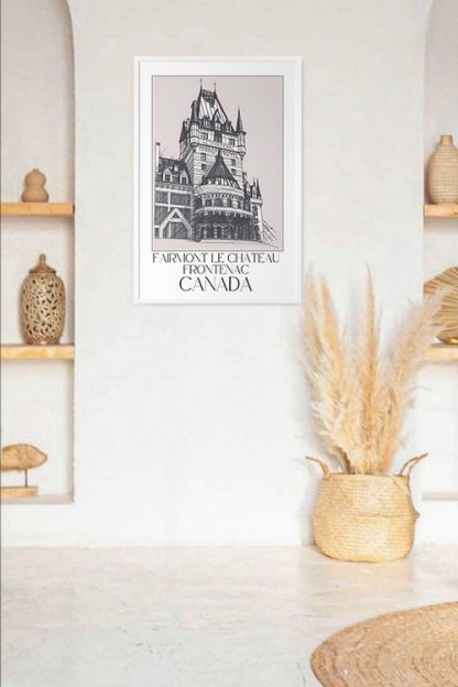 Fairmont Le Chateau Frontenac Canada Sketch Poster in a white frame with dry plants and vase in the living room