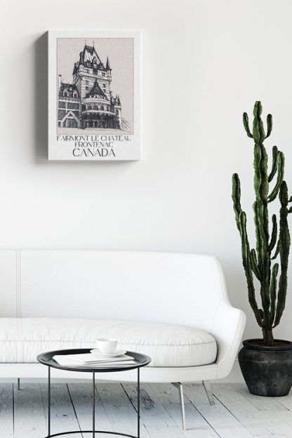 Fairmont Le Chateau Frontenac Canada Sketch Canvas in a living room with cactus and white sofa
