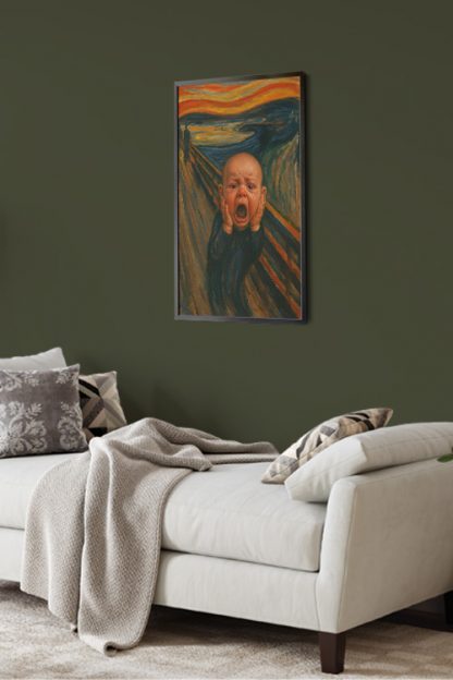 Baby Scream Poster on a green wall with white sofa below