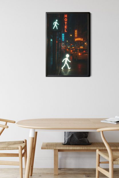 Night Lights Poster in room with brown wood like coffee table