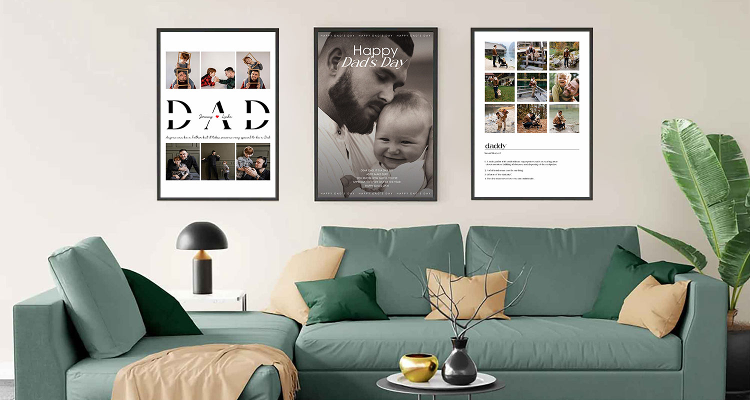 Personalized framed poster prints for fathers displayed on a living room.