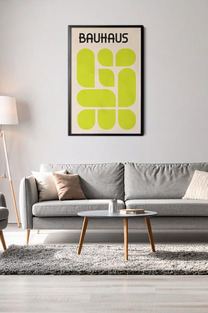 Bauhaus Inspired Yellow Green Poster Print in a Black Frame