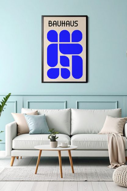 Bauhaus Inspired Blue Poster print in a black frame