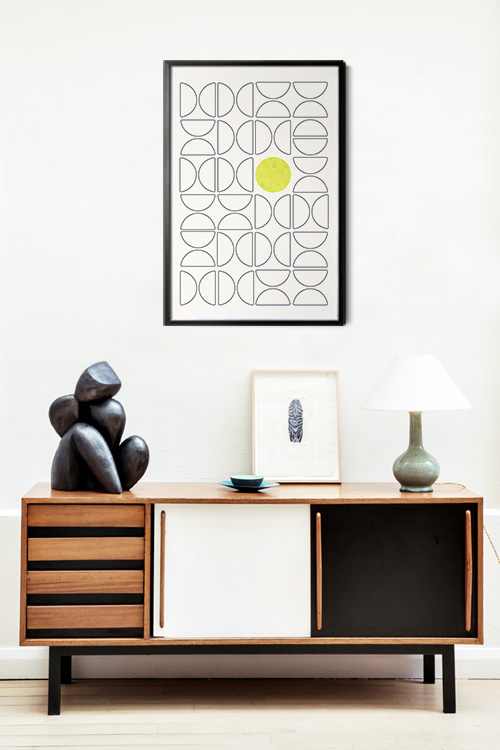 Bauhaus Dot Yellow Poster Print in a black frame