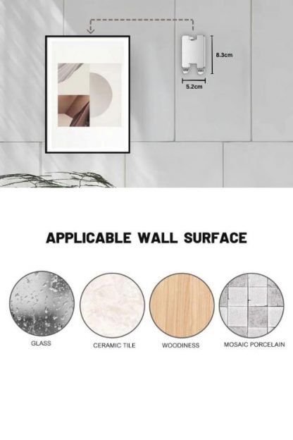 Adhesive stainless steel picture frame holders applicable on wall surfaces with glass, ceramic title, wood and mosaic porcelain