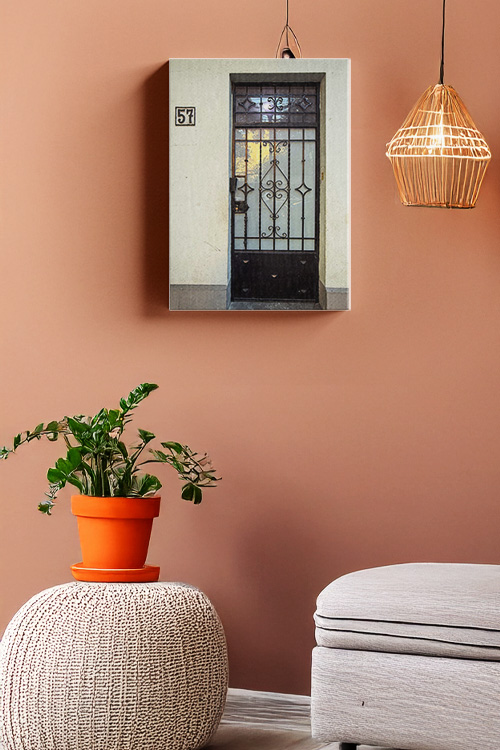 A canvas print titled Contrast in Stone Canvas features the nature's reflection on a glass door hanged on an orange living room wall