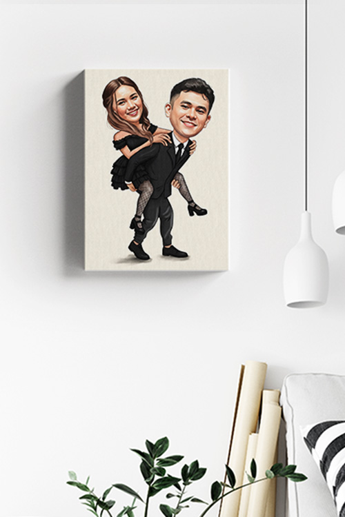 Personalized caricature canvas print of a couple in canvas print displayed in a living room white wall
