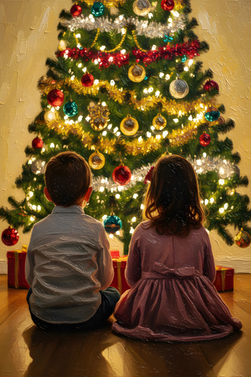 A home decor poster art featuring 2 children waiting and looking at the Christmas tree