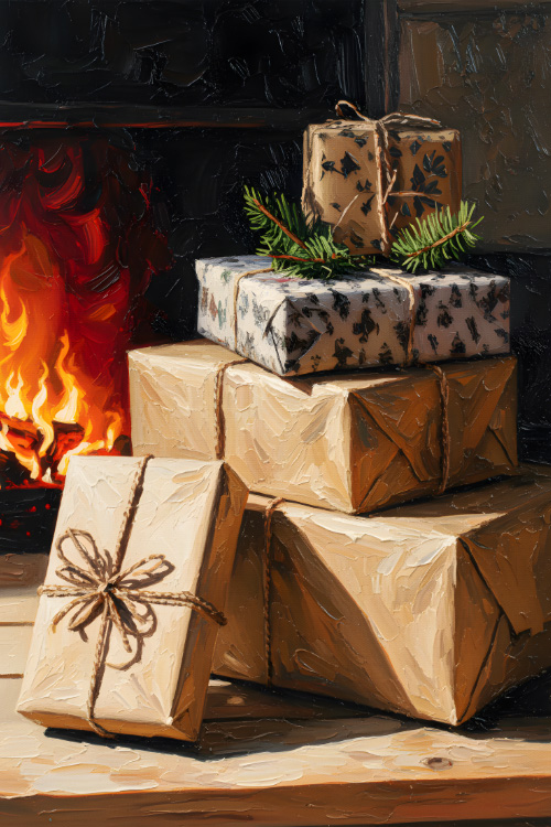 A home decoration of a poster art print with Christmas gift boxes beside the fireplace