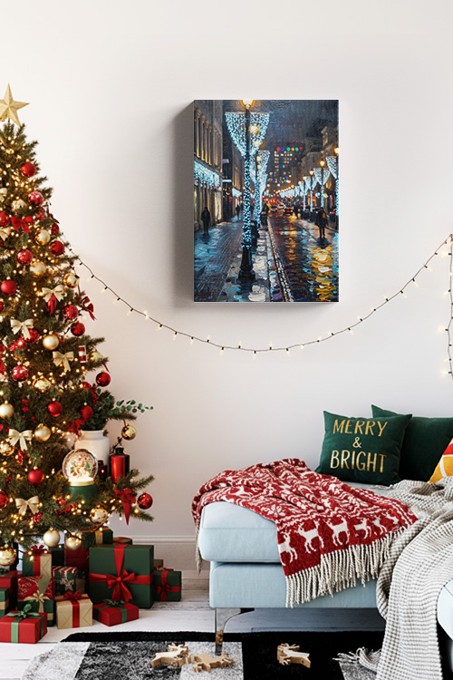 A wall decor of canvas art print hung on a living room wall featuring a painted Boulevard street twinkled in a mass blue light