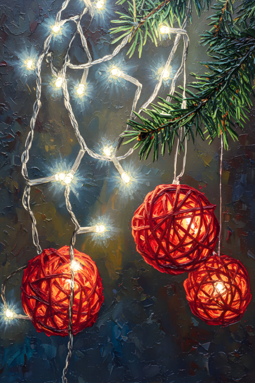 A crimson ball Christmas tree ornaments featured in a home decor poster art print during Christmas holidays
