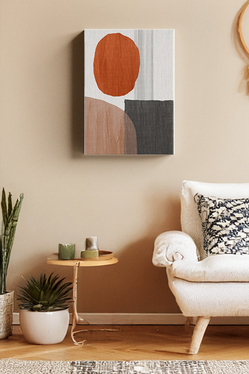 A minimalist canvas art print features a striking interplay of geometric forms and muted earth tones, evoking a sense of quiet balance and modern sophistication.