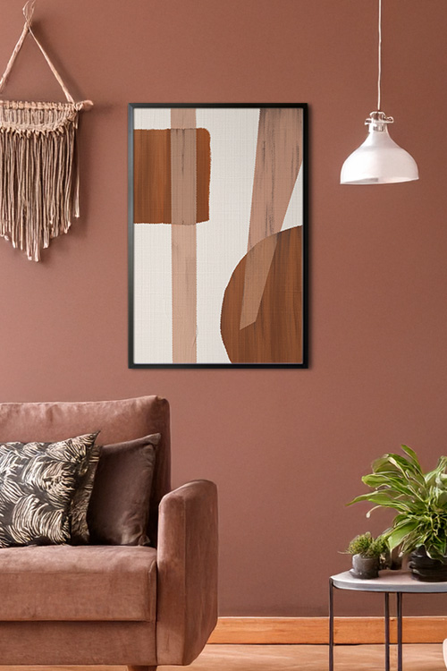 A displayed wall decoration of art print blends geometric shapes with layered brushstroke textures in warm brown and reddish hues.
