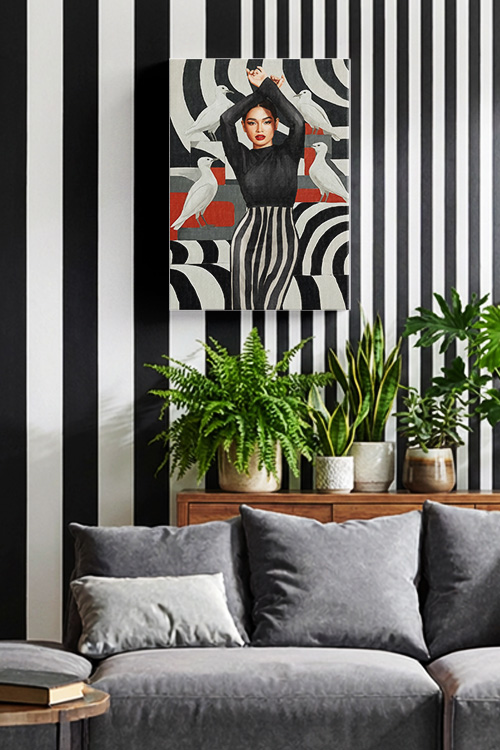 A personalized wall decor of canvas art inspired by Xyriel Manabat, radiates bold elegance, featuring a striking pose set against a surreal backdrop of graphic patterns