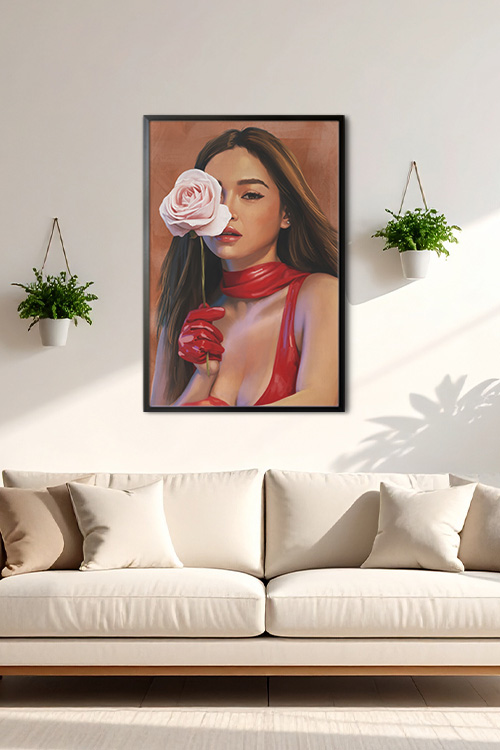 Xyriel Manabat in this personalized art print captures quiet strength and elegance through rich red tones and soft floral symbolism displayed as wall decor.